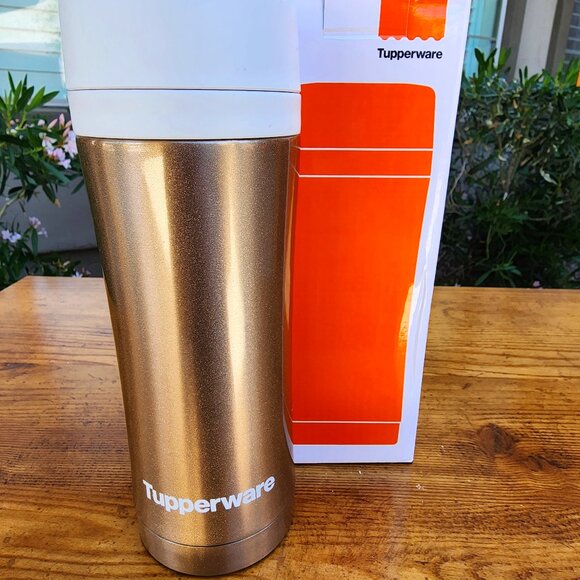 Tupperware Metallic OTG Travel Insulated Thermal Gold Flask Tumbler 14oz NIB - Picture 3 of 9